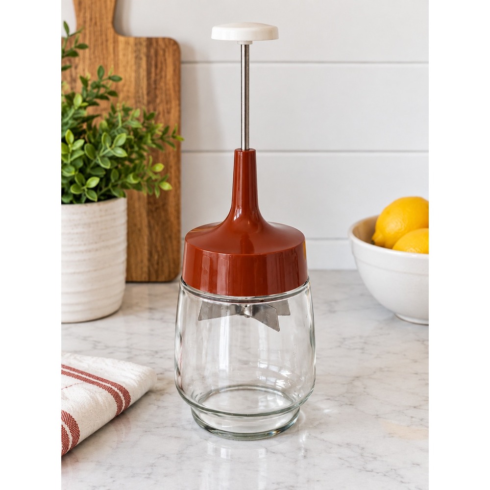 Vintage Gemco Manual Nut Onion Chopper Red Glass Jar Stainless Steel Blades USA